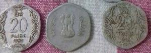Three Silver-colored 20 Indian Paise Coins