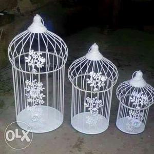 Three White Metal Bird Cages