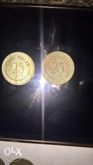 Two 25 Gold-colored Paise Coins