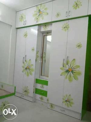 White And Green Wooden Floral Wardrobe With Mirror