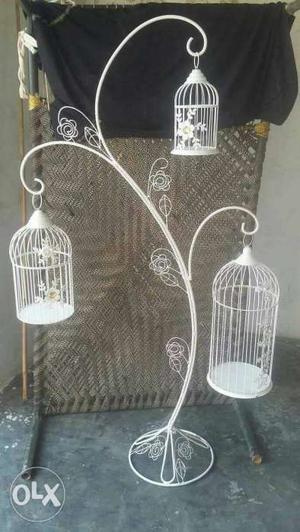 White Metal Frame Bird Cage Pedestal Rack
