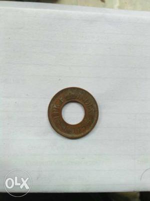 Antique coin British Indian bronze 1 pice hole