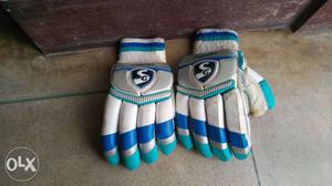 Pair Of White-and-blue Gloves