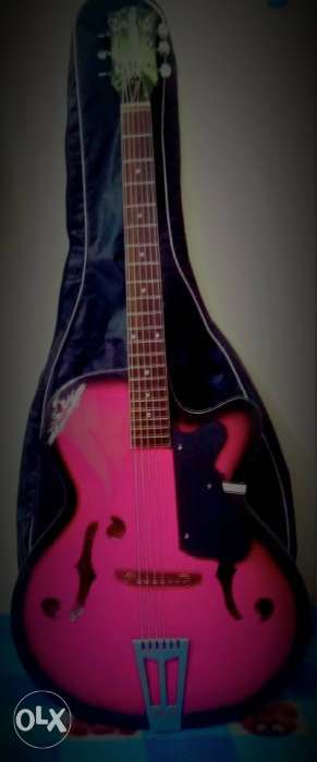 Pink And Black Jazz Guitar With Guitar Bag & Plucks.