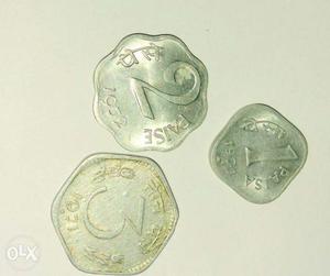 Three very old coins 1 paisa, 2 paisa and 3 paise