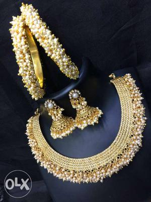 Gold-colored Necklace, Pair Of Jhumka And Hoop Earrings
