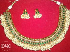 Gold-colored Rhinestone Encrusted Bib Necklace And Earrings