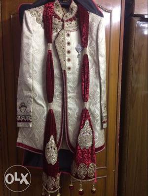 Gray And Red Floral Sherwani Traditional Suit Jacket