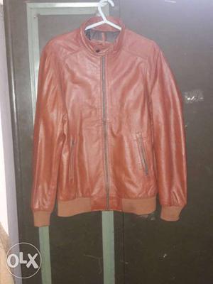 Orange Leather Zip-up Jacket