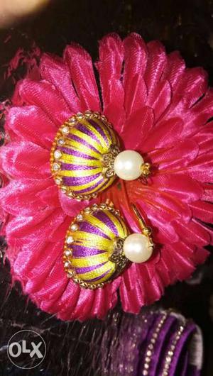 Pair Of Yellow-and-purple Silk Thread Jhumkas Earrings