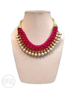 Red, Gold-colored, And Pearl Beaded Necklace