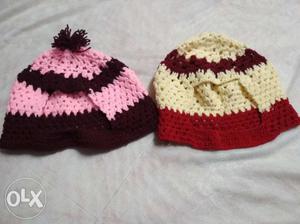 Two Red And Pink Knit Beanies