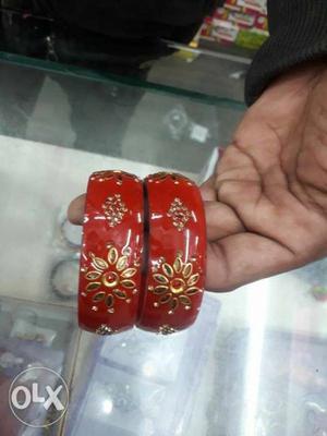 Two Red-and-gold Floral Bangle Bracelets