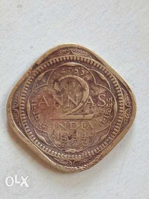  Gold-colored 2 India Annas Coin