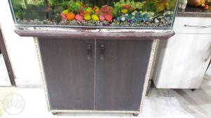 Rectangular Brown Framed Fish Tank With Brown Cabinet