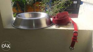 Red Dog Leash And Gray Stainless Steel Dog Bowl