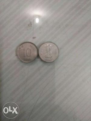 Two 10 paise Silver-colored Coins
