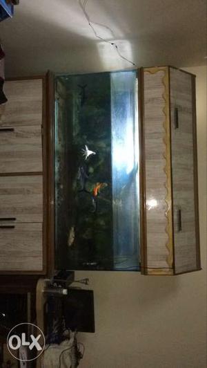 Fish tank with fishes and wooden frame and wooden