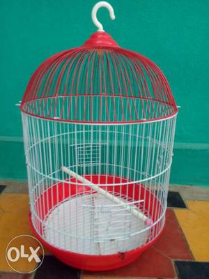 Small Round White And Red Metal Birdcage