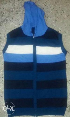 Blue, White, And Black Striped Hooded Vest