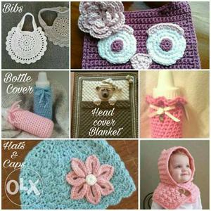Crochet Bibs, Feeding Bottle Cover, Caps, Blankets and baby