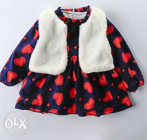 Cute navy heart print dress with coat 6-12 mnths