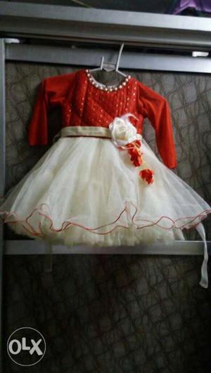 For 3-4yrs baby Red And White Long-sleeved Dress