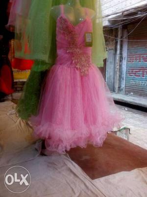 Girl's Pink Spaghetti Strap Sheer-overlay Dress
