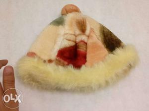 Red And Beige Fur Line Bobble Hat
