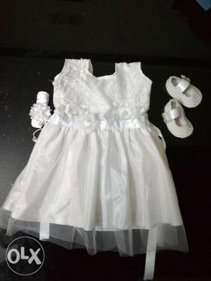 Toddler's White Floral Sleeveless Dress And Pair Of Beaded
