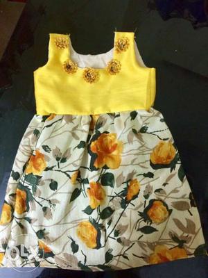 Yellow, White, And Green Floral Box-neck Sleeveless Dress