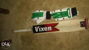 Brown, Red, And Black Vixen Wooden Cricket Bat And Pair Of