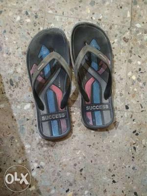 Pair Of Brown-and-blue Success Rubber Flip-flops