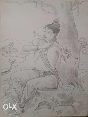 Sketch Of Man Playing Flute Under Tree
