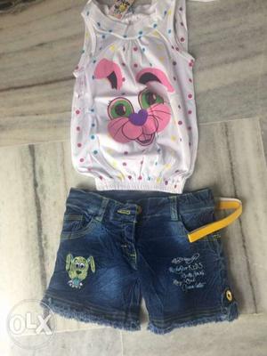 Toddler's White And Pink Tank Top And Blue Short Shorts