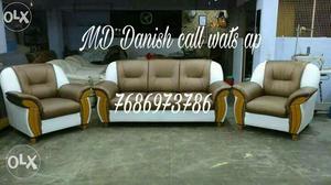 White-and-brown Leather Couch Set