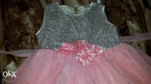 Girl's party wear combo of 2 frocks pink silver & red white