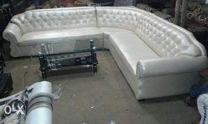 Rehan furniture White Leather Sectional Sofa With Ottoman