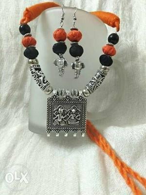 Black And Orange Beaded Necklace And Earrings
