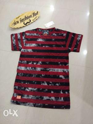 Black And Red Striped Crew-neck T-shirt