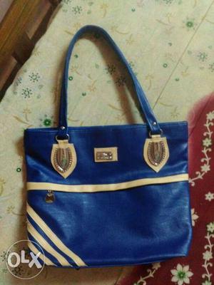 Blue And Beige Leather Tote Bag