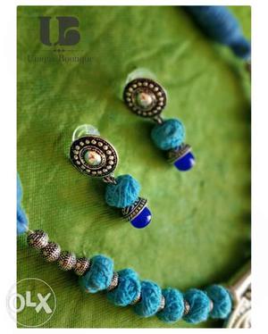 Blue And Silver-colored Necklace And Earrings Set