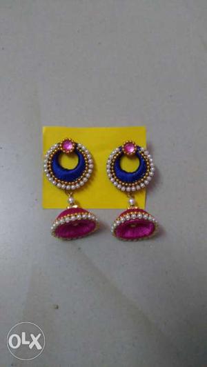 Blue and Pink Silk thread earrings. Colors can be