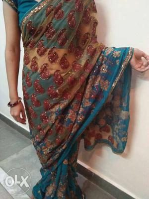 Brown And Blue Sari Traditional Dress