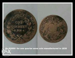 Coin of one quarter anna manufactured in 