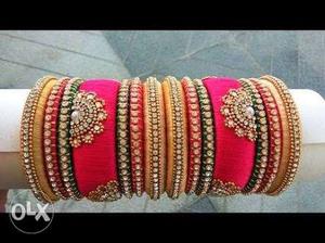 Gold And Pink Silk Thread Bracelet Lot