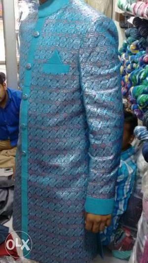 Men's Blue And Gray Sherwani Robe