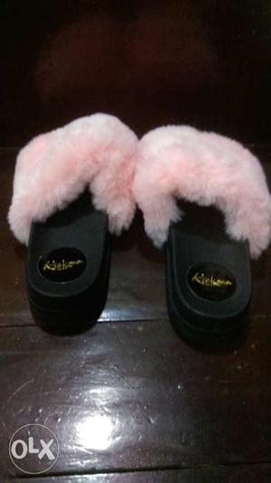 New Pair Of Pink-and-black House Slippers