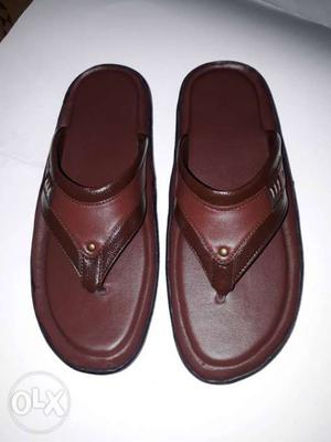 Pair Of Brown Leather T-strap Sandals