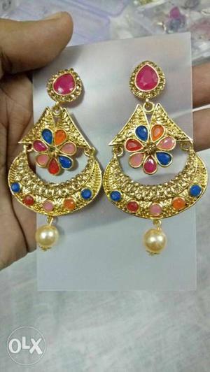 Pair Of Gold-colored Gemstones Encrusted Earrings